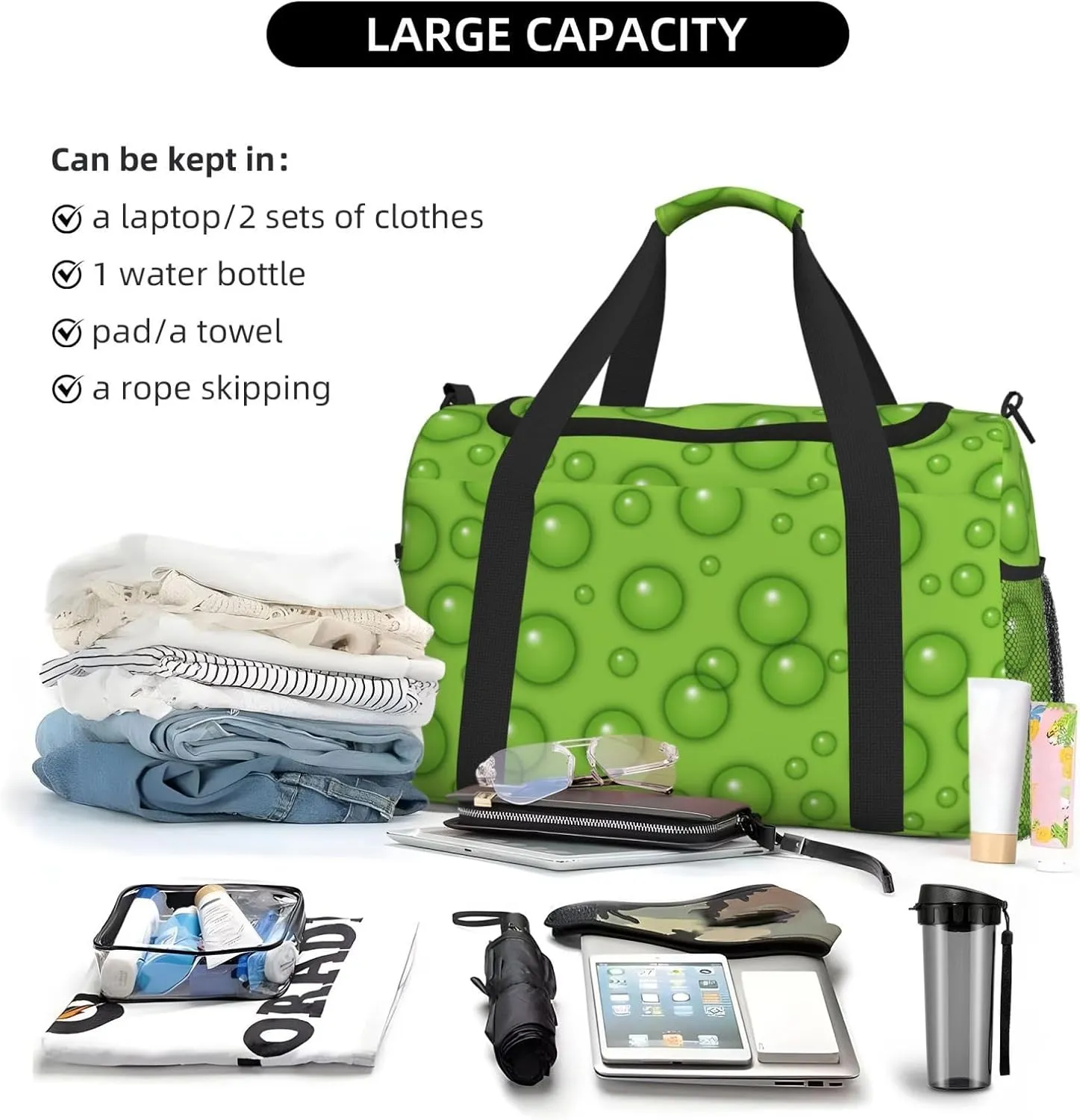 Green Water Drop Travel Duffel Bag Large Foldable Waterproof Overnight Bag For Beach Swim Bags Pool Sports Gym