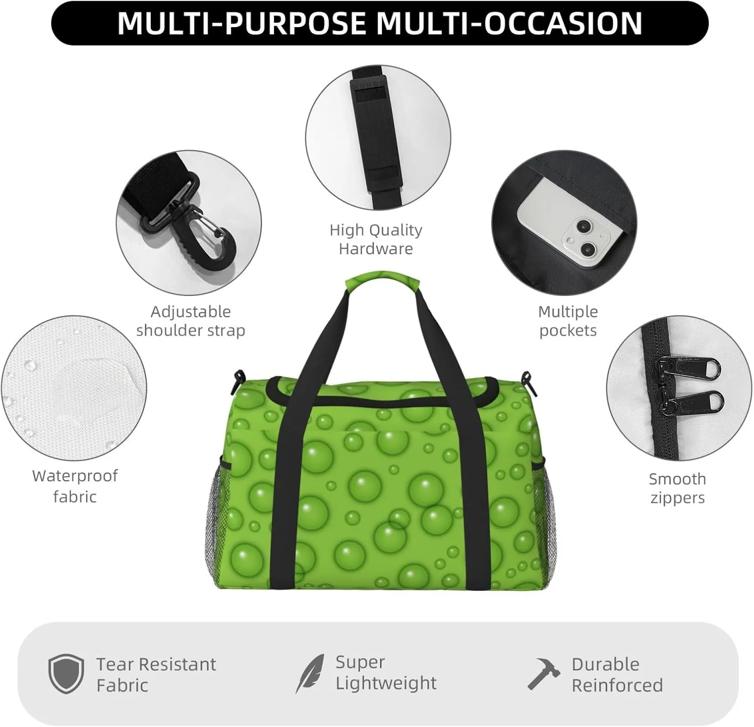 Green Water Drop Travel Duffel Bag Large Foldable Waterproof Overnight Bag For Beach Swim Bags Pool Sports Gym