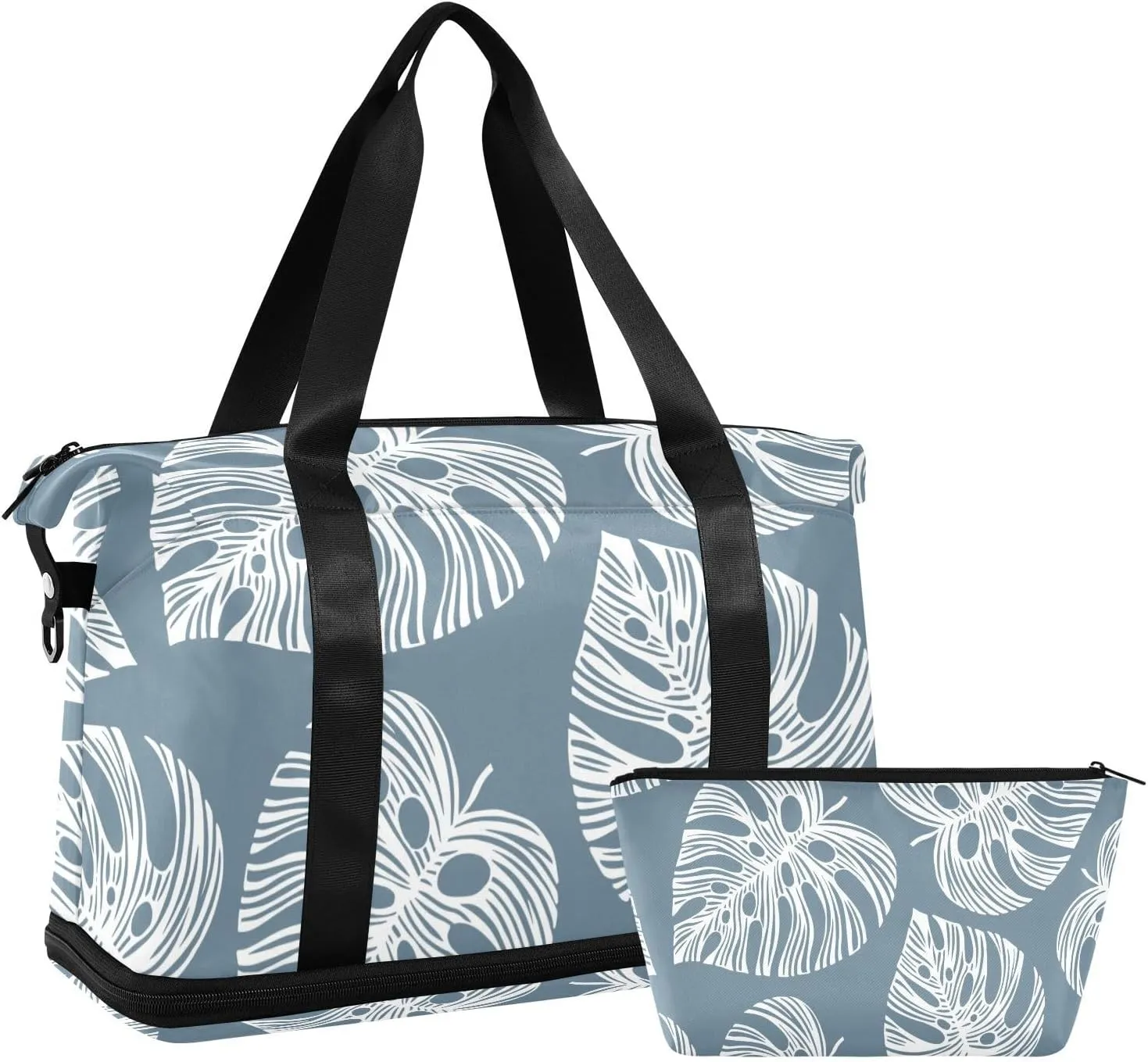 Grey Blue Tropical Tree Versatile Sports Travel Bag - Lasting Twill Tote, Removable Wheel & Rod Bagging, Multi-pocket Design, Complimentary Makeup Bag