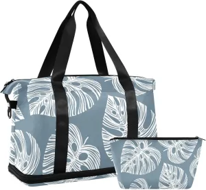 Grey Blue Tropical Tree Versatile Sports Travel Bag - Lasting Twill Tote, Removable Wheel & Rod Bagging, Multi-pocket Design, Complimentary Makeup Bag