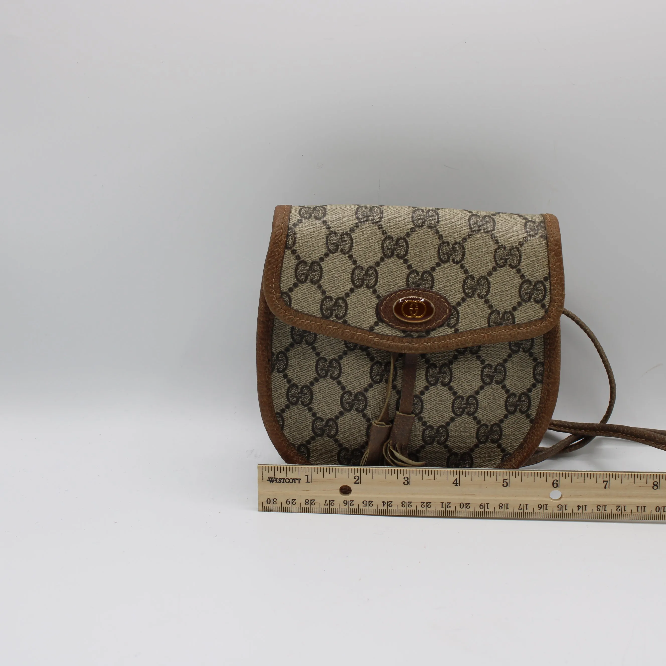 Gucci Beige GG Canvas Leather Trim Oval Crossbody Bag