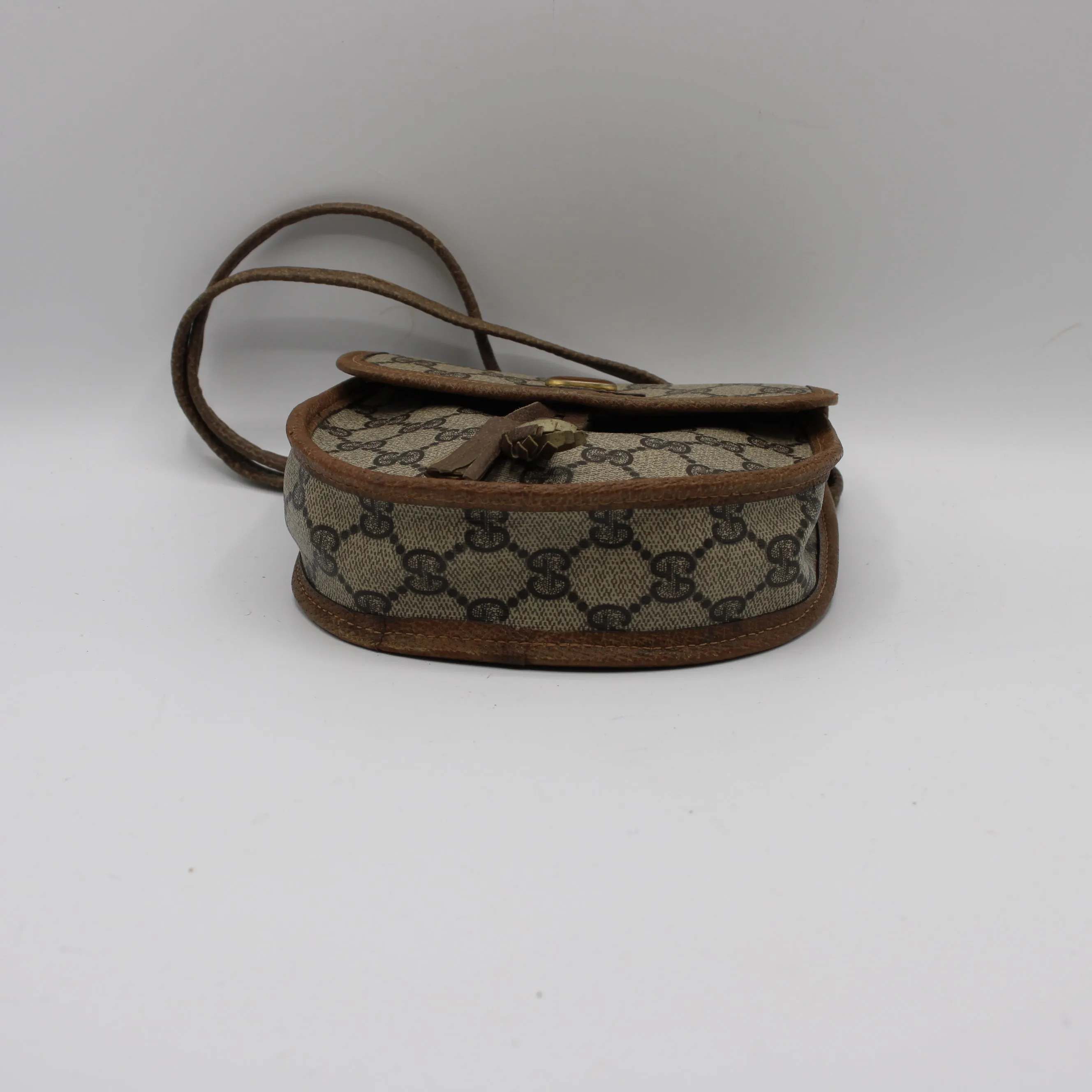Gucci Beige GG Canvas Leather Trim Oval Crossbody Bag