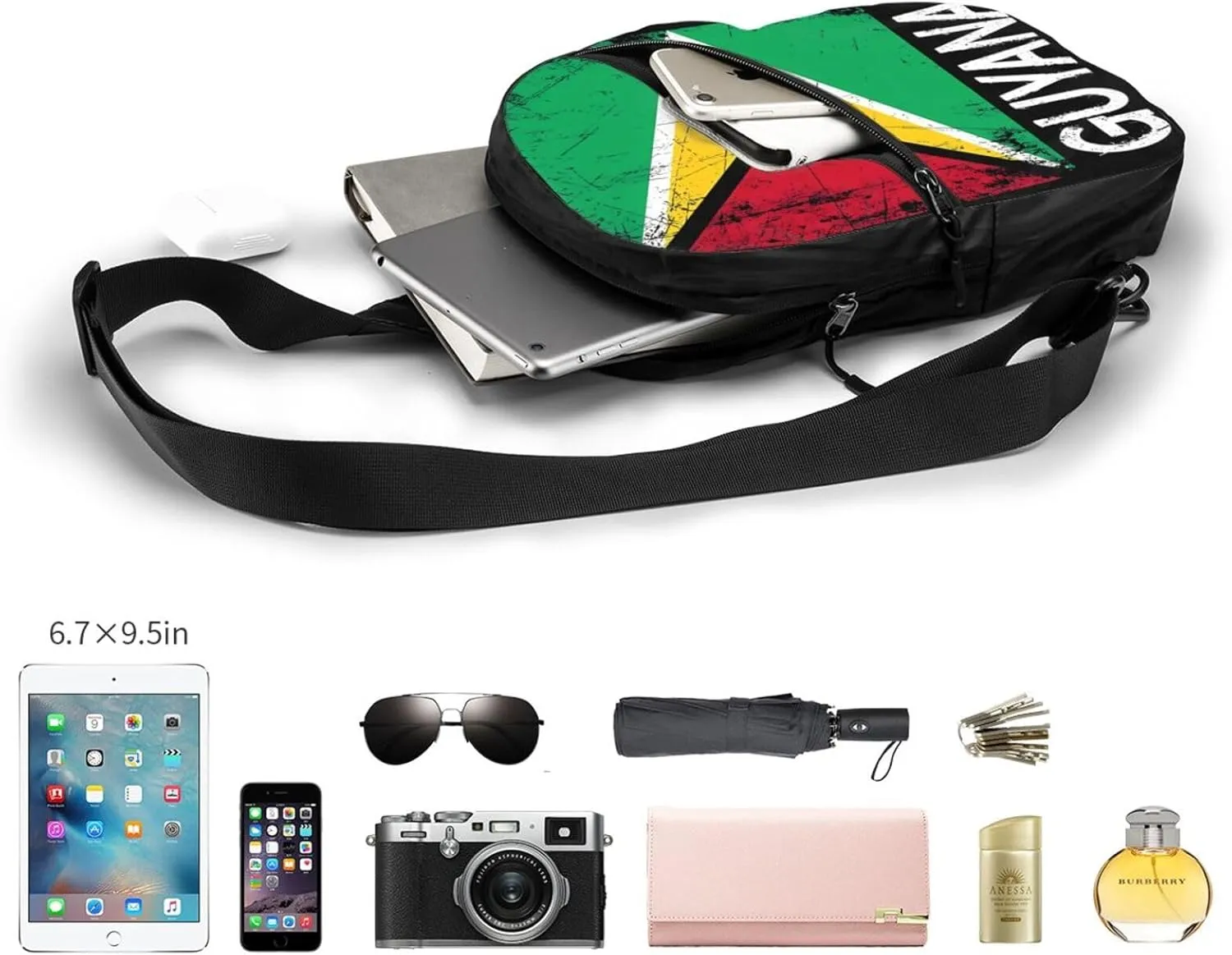 Guyana Guyanese Flag Packable Crossbody Bag Portable Sling Bags Foldable Travel Daypack Reusable Sports Shoulder Backpack Diagonally Chest Bag for Workout