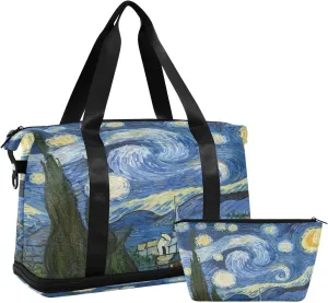 Gym Bag for Women & Men,Van Gogh The Starry Night Art Waterproof Sports Travel Duffel Bag, Weekender Overnight Bag with Wet Pocket for Travel, Gym, Yoga,Swimming