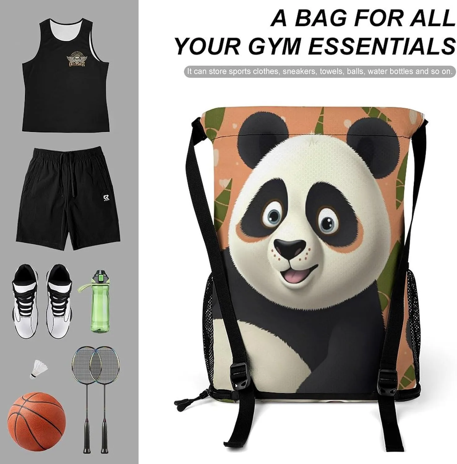 Gym Bag for Women Men Panda3Travel Duffel Bag Large Capacity Sports Drawstring Backpack