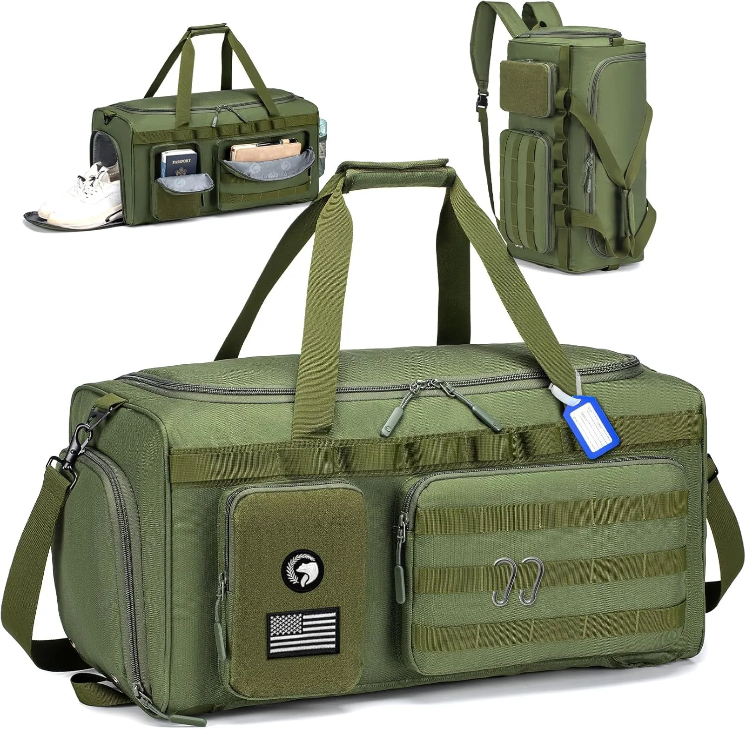 Gym Bags for Men 55L Tactical Duffle Bag Sports Travel Bag Gym Weekender Overnight Backpack with Shoe Compartment and Wet Pocket 3 In 1 Tactical Military Backpack