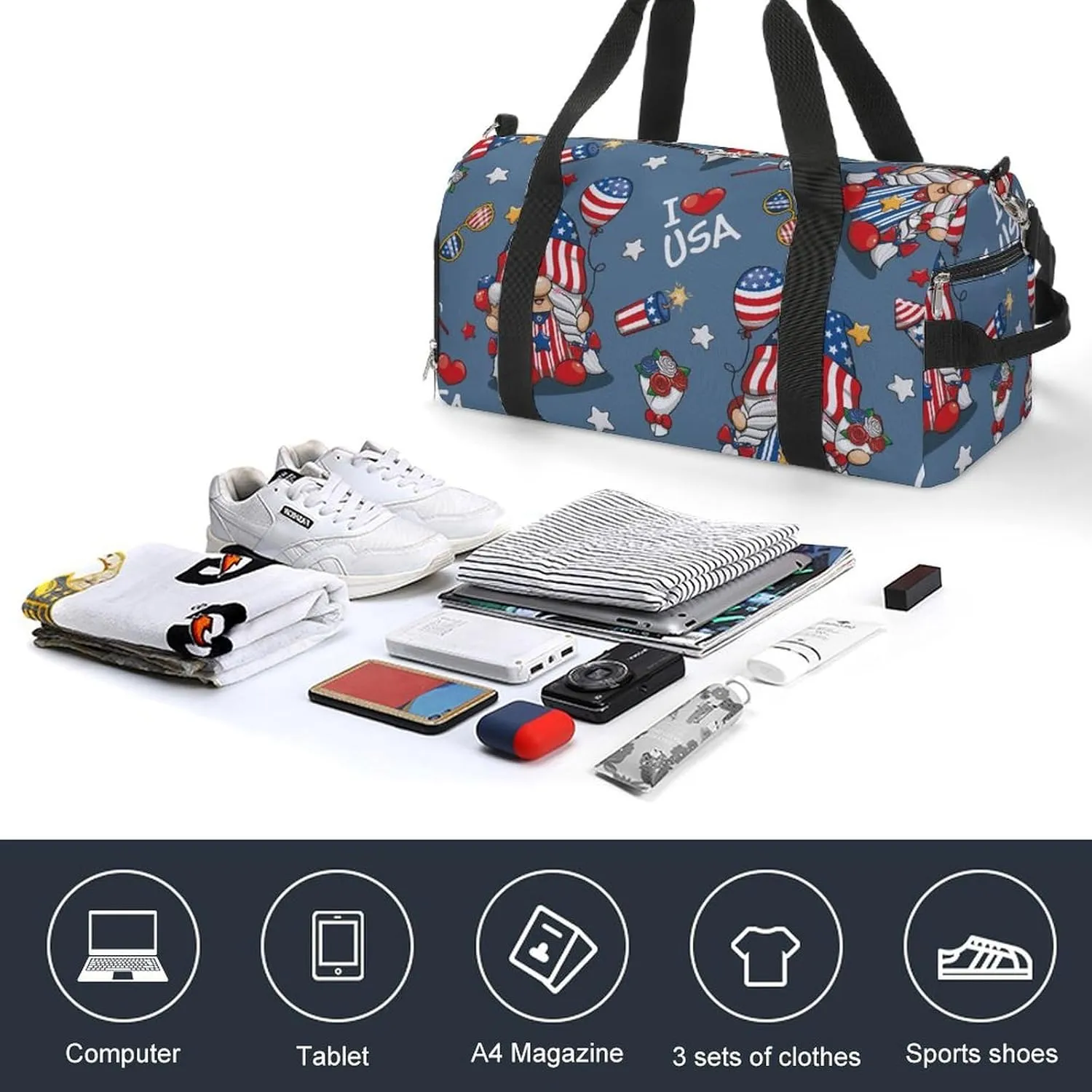Gym Duffel Bag with Shoe Compartment Wet Pocket, 4th July America Cartoon Travel Bag for Men Women