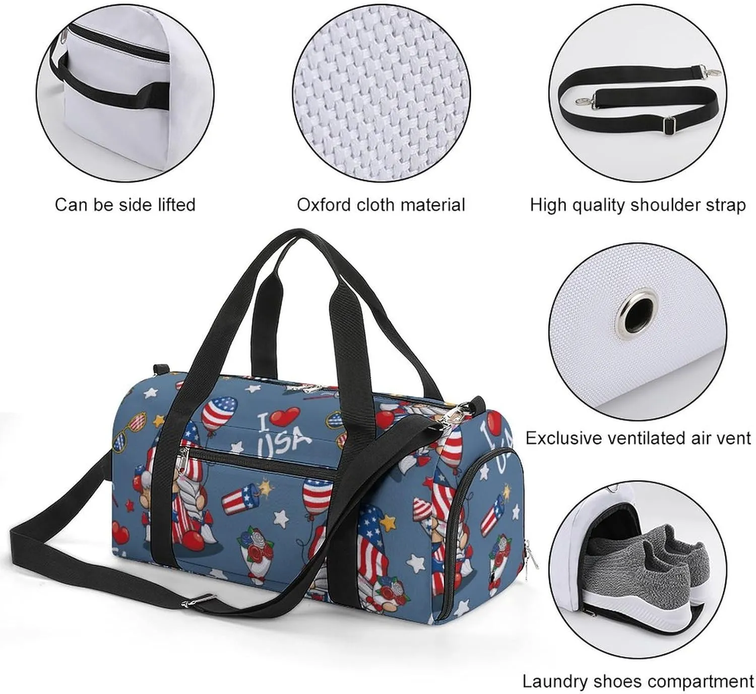 Gym Duffel Bag with Shoe Compartment Wet Pocket, 4th July America Cartoon Travel Bag for Men Women