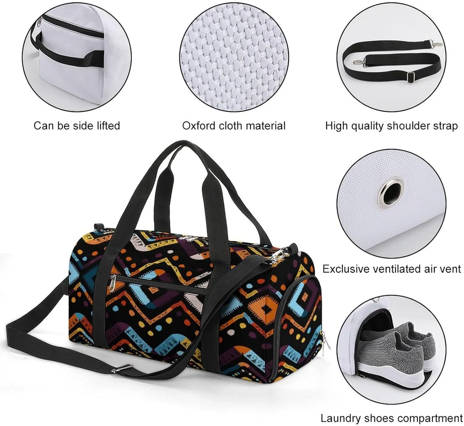 Gym Duffel Bag with Shoe Compartment Wet Pocket, Abstract Zigzag Travel Bag for Men Women