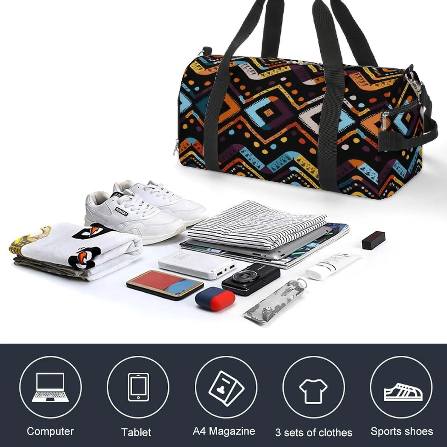 Gym Duffel Bag with Shoe Compartment Wet Pocket, Abstract Zigzag Travel Bag for Men Women