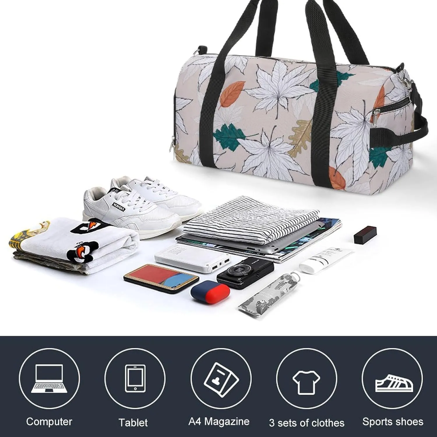 Gym Duffel Bag with Shoe Compartment Wet Pocket, Autumn-leaves-pattern Travel Bag for Men Women