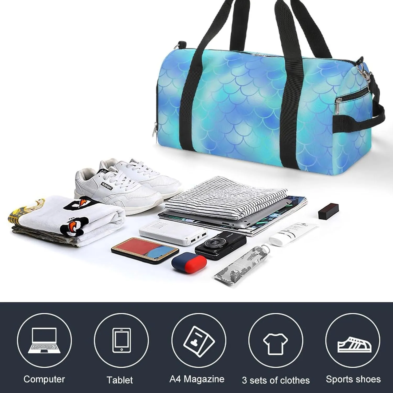 Gym Duffel Bag with Shoe Compartment Wet Pocket, Blue Fish Skin Pattern Travel Bag for Men Women, style-3