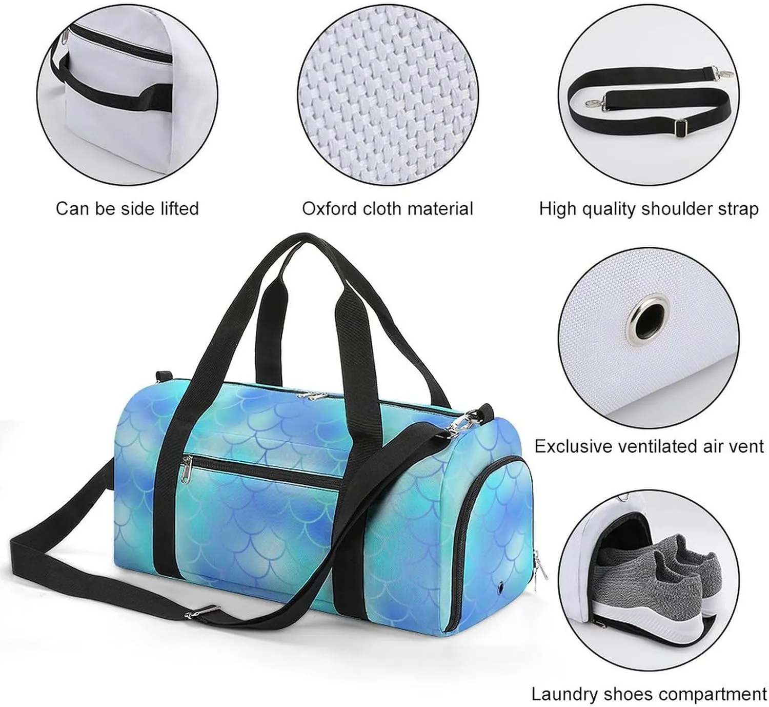 Gym Duffel Bag with Shoe Compartment Wet Pocket, Blue Fish Skin Pattern Travel Bag for Men Women, style-3