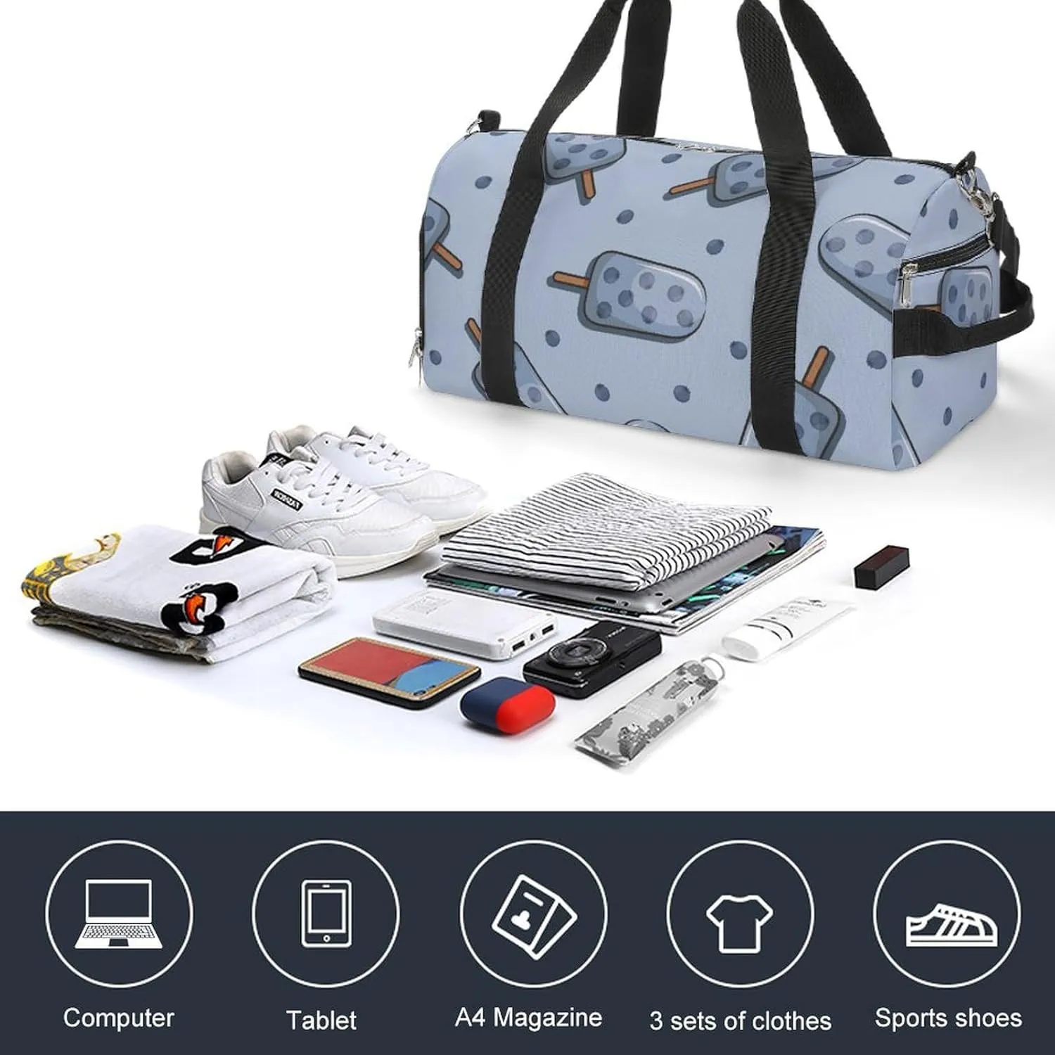 Gym Duffel Bag with Shoe Compartment Wet Pocket, Blueberries Popsicle Cartoon Travel Bag for Men Women