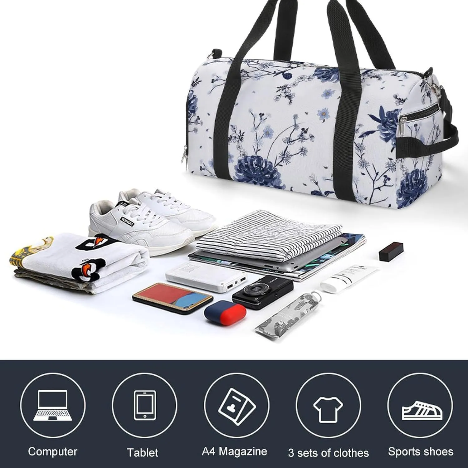 Gym Duffel Bag with Shoe Compartment Wet Pocket, Monotone Blue Travel Bag for Men Women