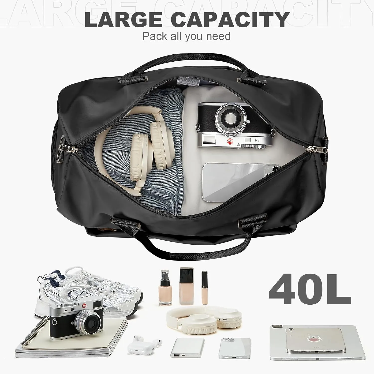 Gym Duffle Bag for Women, Mens, Sports (Black-L, Large)