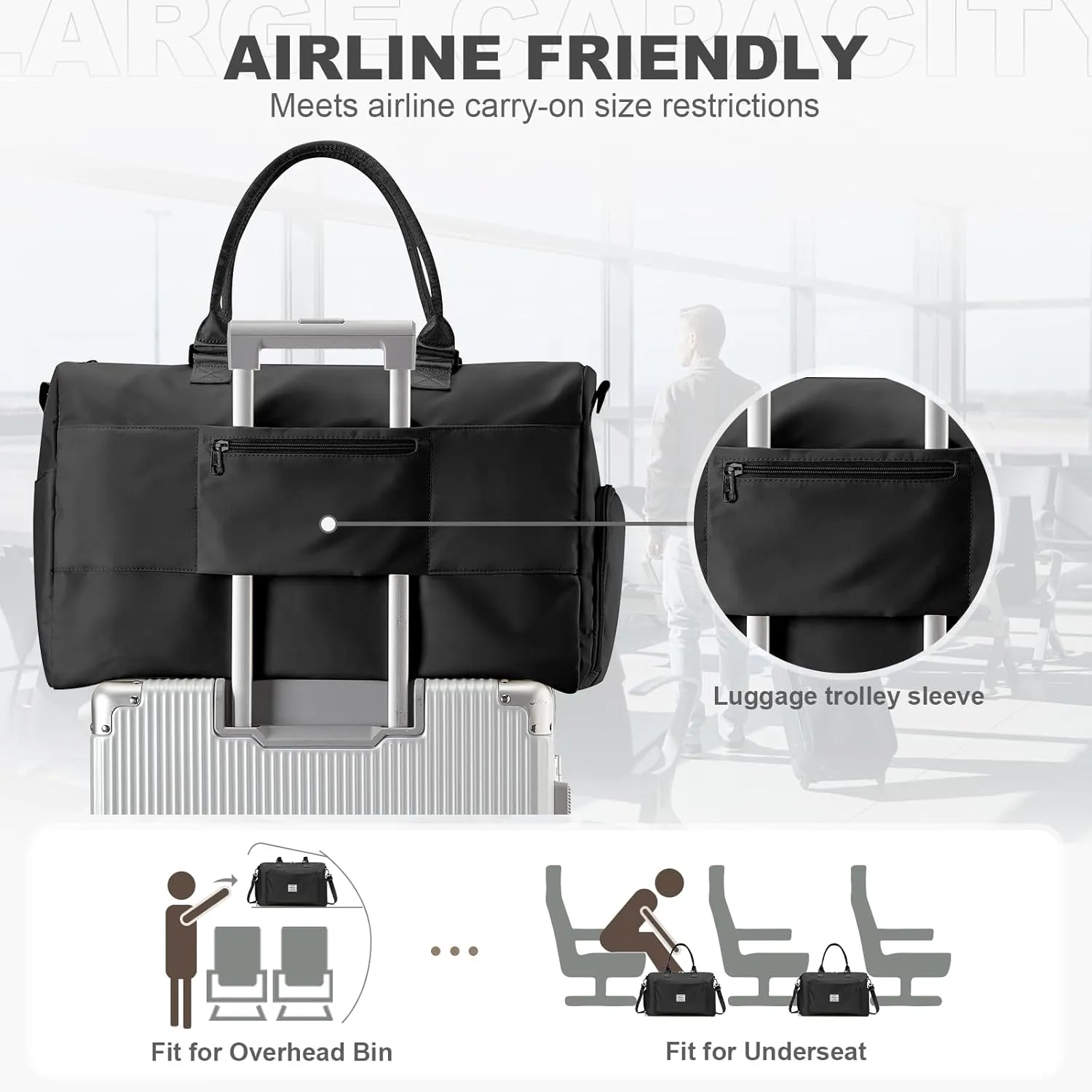 Gym Duffle Bag for Women, Mens, Sports (Black-L, Large)