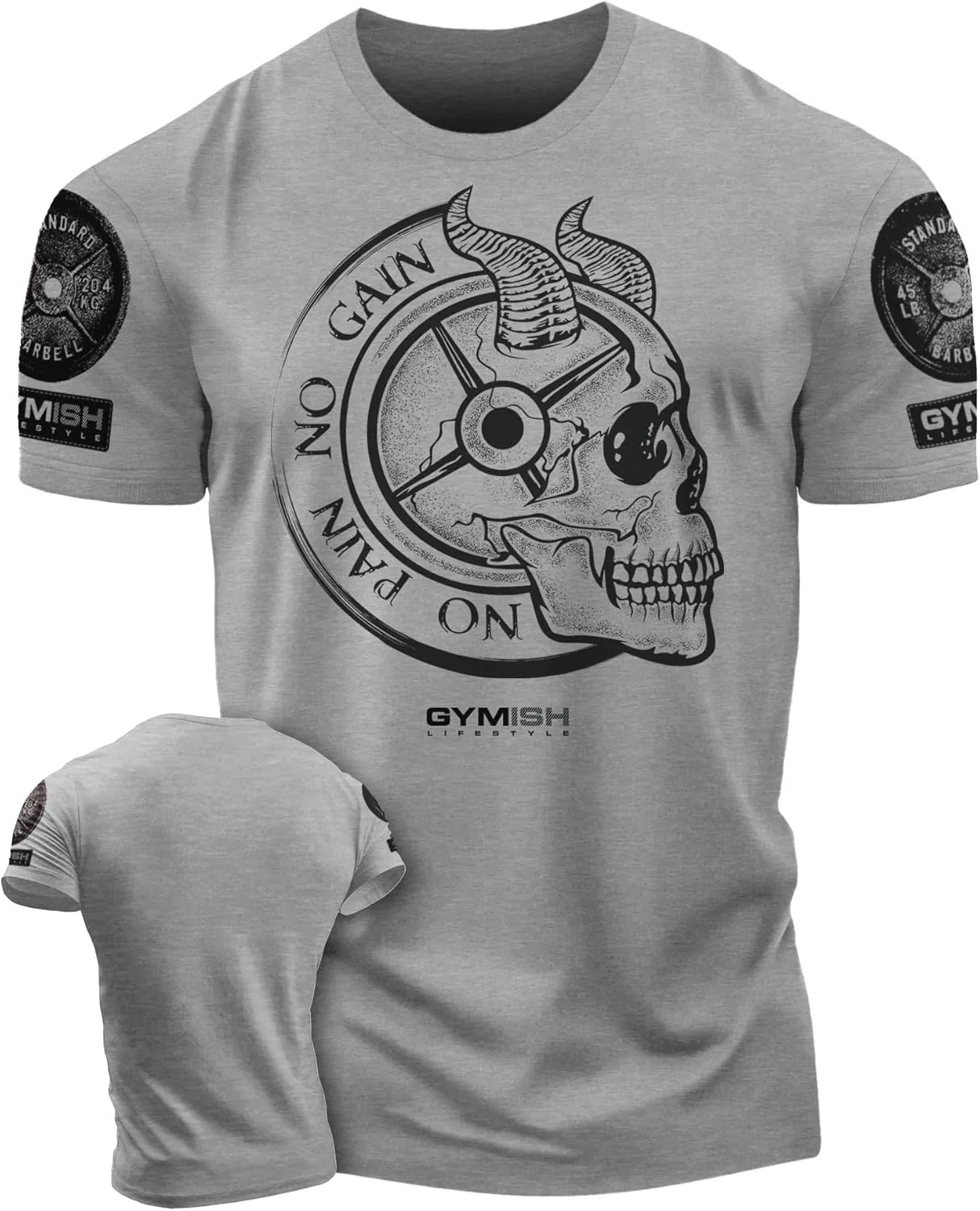 Gymish Lifestyle No Pain No Gain Skull Gym Lifting Motivation T-Shirts for Men
