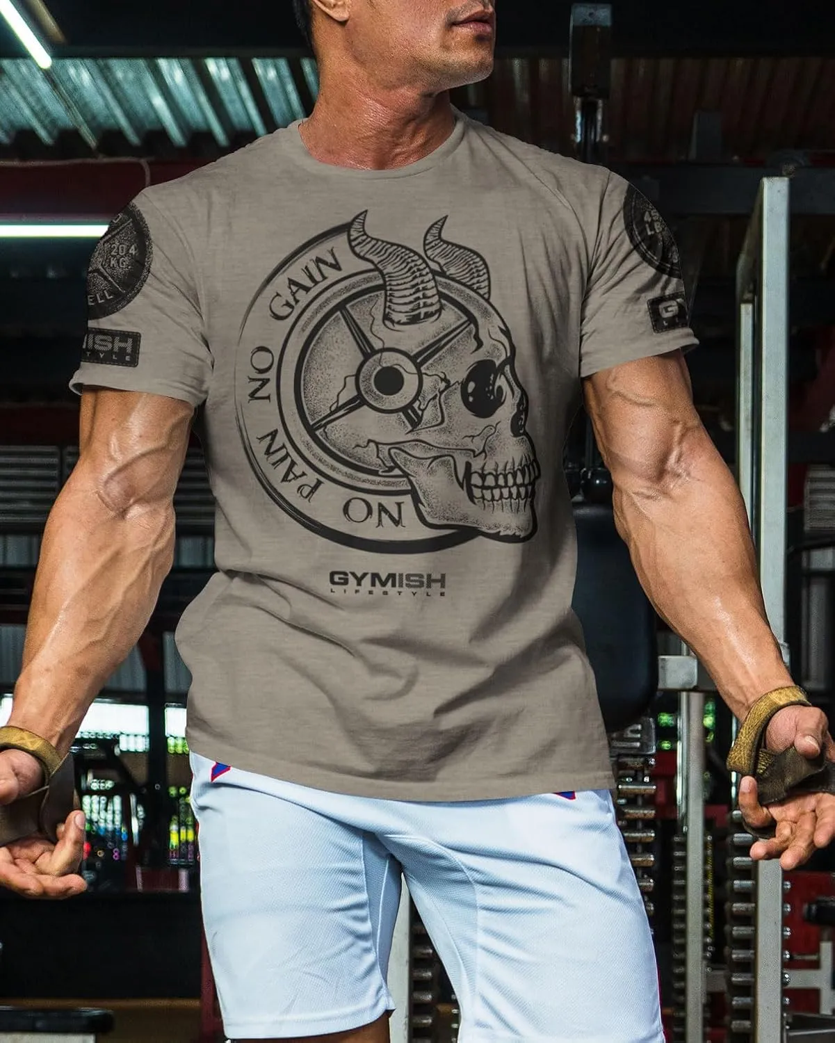 Gymish Lifestyle No Pain No Gain Skull Gym Lifting Motivation T-Shirts for Men