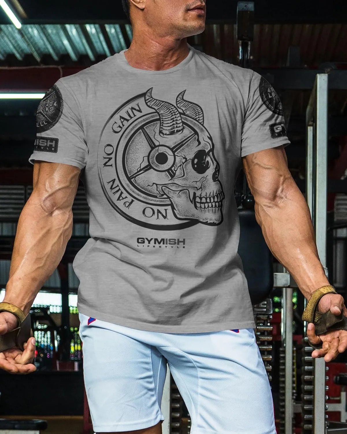 Gymish Lifestyle No Pain No Gain Skull Gym Lifting Motivation T-Shirts for Men