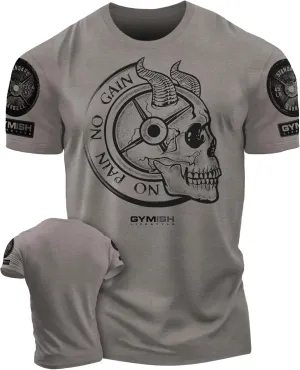 Gymish Lifestyle No Pain No Gain Skull Gym Lifting Motivation T-Shirts for Men