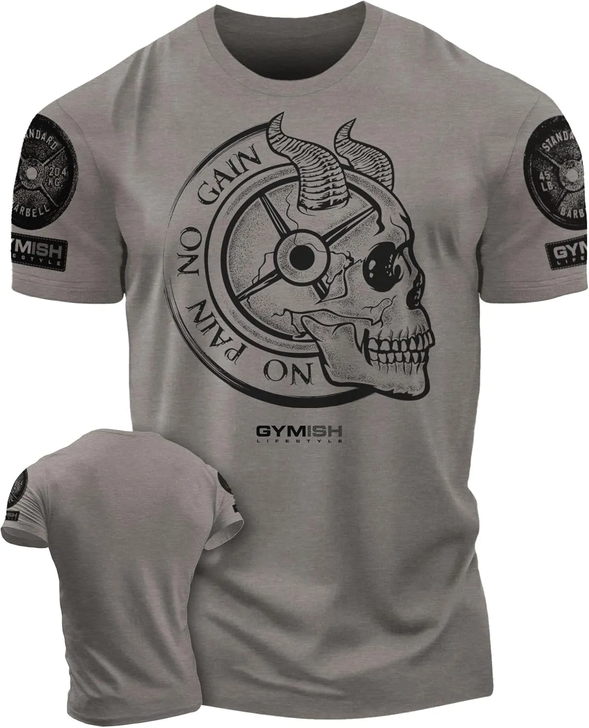 Gymish Lifestyle No Pain No Gain Skull Gym Lifting Motivation T-Shirts for Men