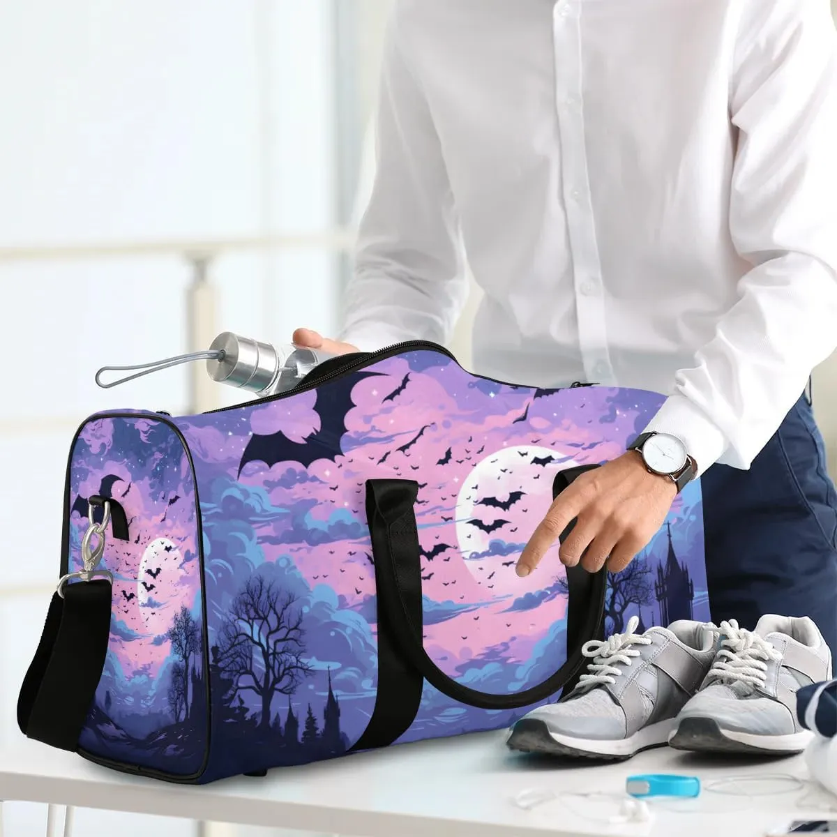 Halloween Theme Bat Travel Duffel Bag for Women Men Waterproof Foldable Overnight Weekender Bag Large Capacity Sports Gym Bag