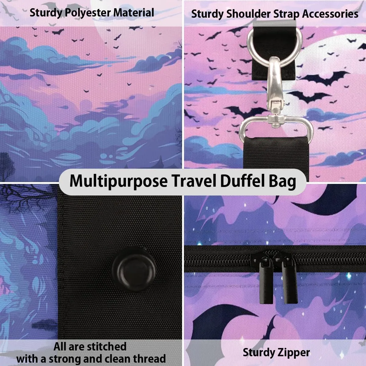 Halloween Theme Bat Travel Duffel Bag for Women Men Waterproof Foldable Overnight Weekender Bag Large Capacity Sports Gym Bag