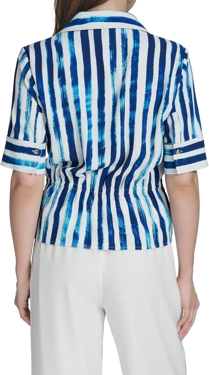 Halston Women's Short Sleeve Collared Button Front Top