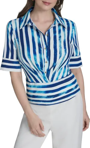 Halston Women's Short Sleeve Collared Button Front Top