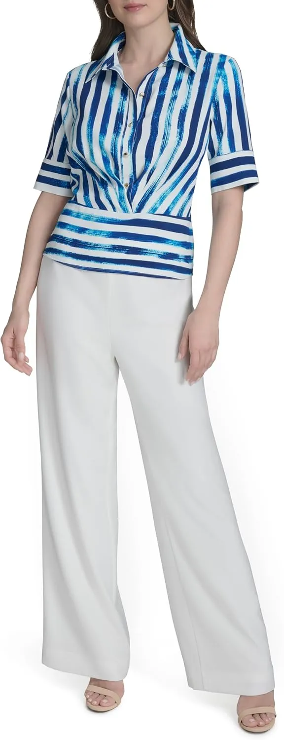 Halston Women's Short Sleeve Collared Button Front Top