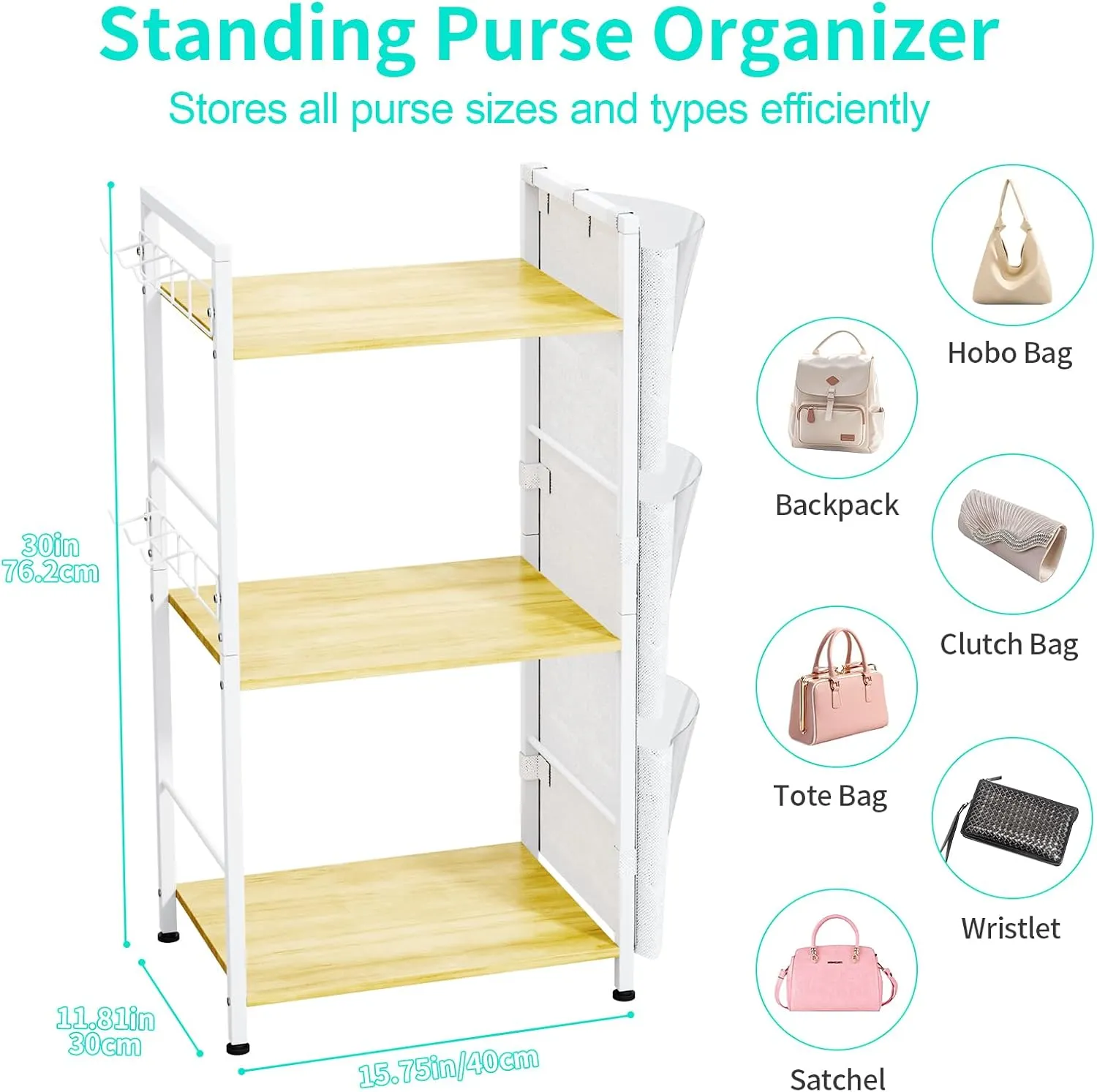 HapiRm Purse Organizer Storage Rack - Floor-Standing 3 Tier Purse Holder with Side Hooks and Transparent Pockets for Handbag Storage, High-Capacity Bag Organizer for Closet, Home, Living Room