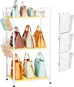 HapiRm Purse Organizer Storage Rack - Floor-Standing 3 Tier Purse Holder with Side Hooks and Transparent Pockets for Handbag Storage, High-Capacity Bag Organizer for Closet, Home, Living Room