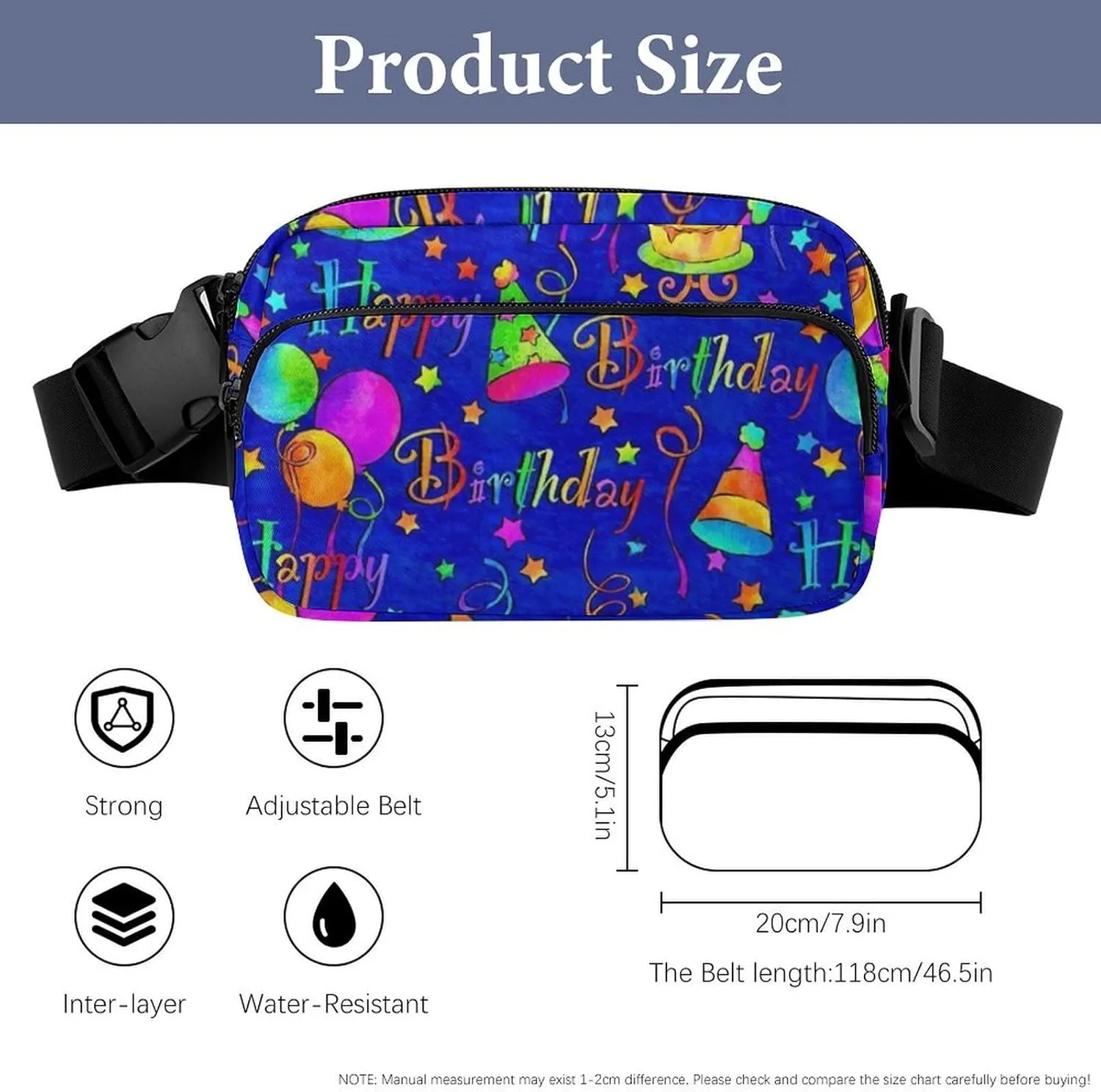 Happy Birthday Blue Cake Convenient And Efficient Fully Printed Waist Bag