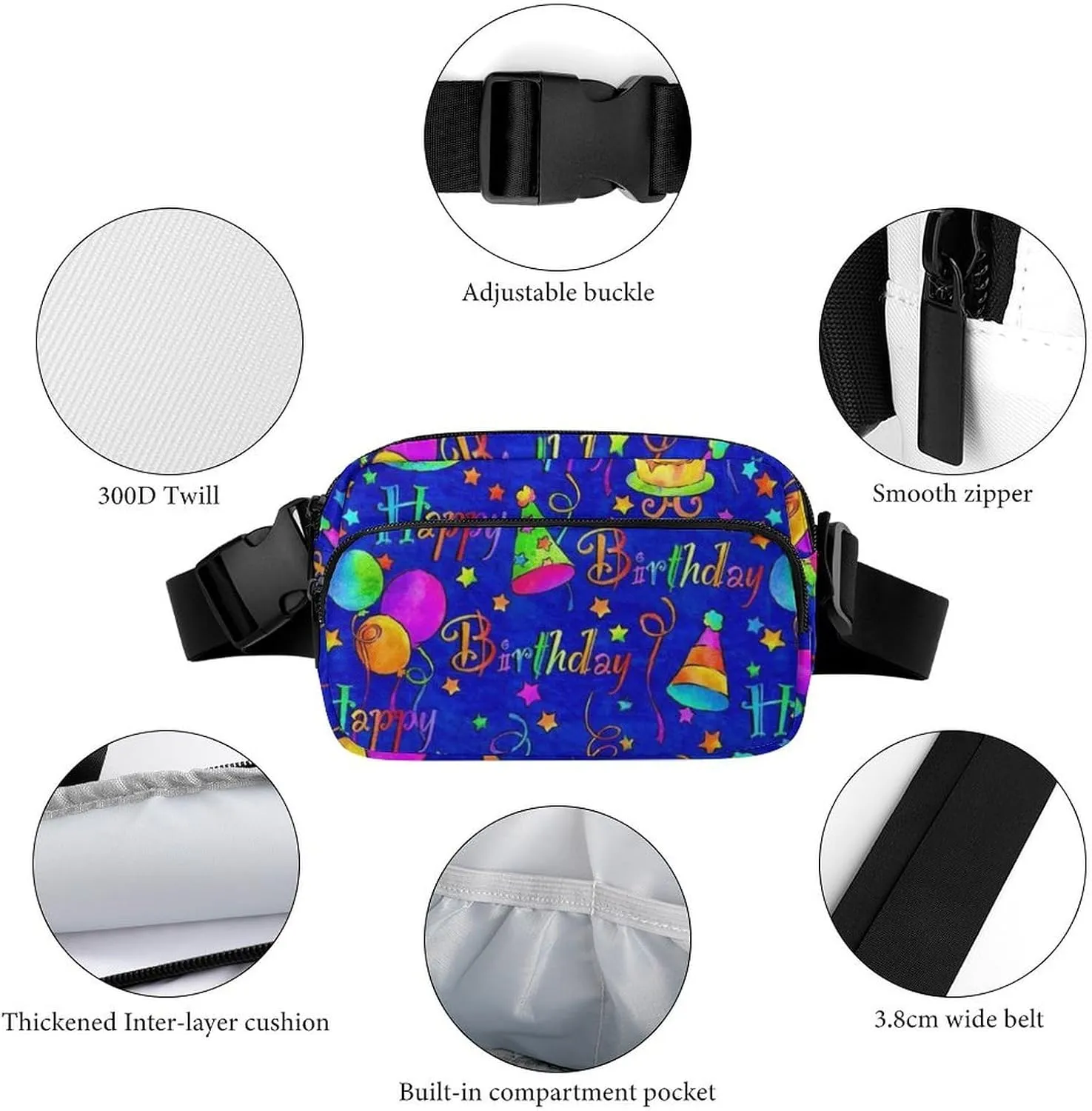 Happy Birthday Blue Cake Convenient And Efficient Fully Printed Waist Bag