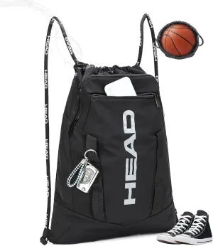 HEAD Waterproof Gym Sackpack for Sport with 2 Zipper Pockets, Large Drawstring Backpacks for Men & Women, Lightweight Draw String Backpack for Travel/Basketball/Beach/Swim/Football, Black
