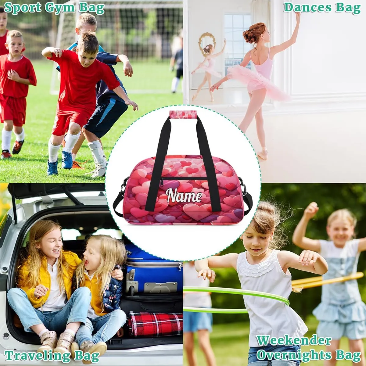 Heart Shape Valentine's Day Personalized Kids Gym Bag Custom Dance Bag with Name Sport Duffel Bag for Girls Boys Weekender Overnight Travel Bag