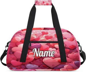 Heart Shape Valentine's Day Personalized Kids Gym Bag Custom Dance Bag with Name Sport Duffel Bag for Girls Boys Weekender Overnight Travel Bag