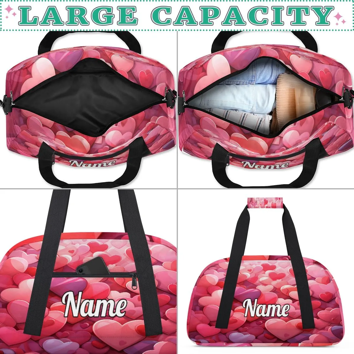 Heart Shape Valentine's Day Personalized Kids Gym Bag Custom Dance Bag with Name Sport Duffel Bag for Girls Boys Weekender Overnight Travel Bag