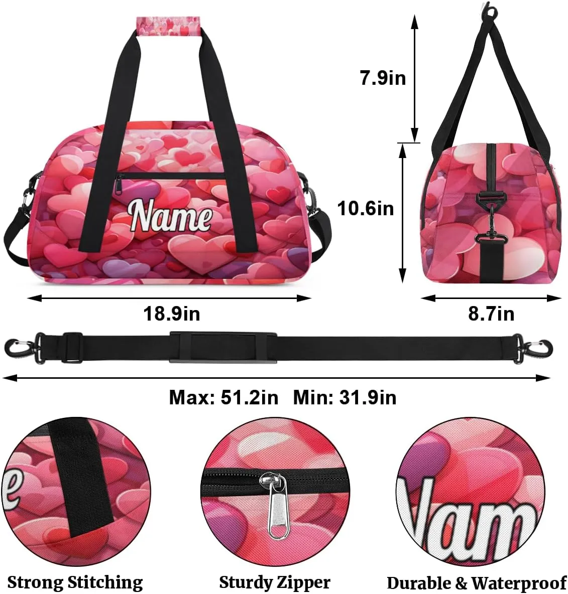 Heart Shape Valentine's Day Personalized Kids Gym Bag Custom Dance Bag with Name Sport Duffel Bag for Girls Boys Weekender Overnight Travel Bag