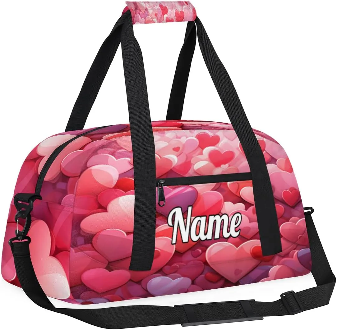 Heart Shape Valentine's Day Personalized Kids Gym Bag Custom Dance Bag with Name Sport Duffel Bag for Girls Boys Weekender Overnight Travel Bag