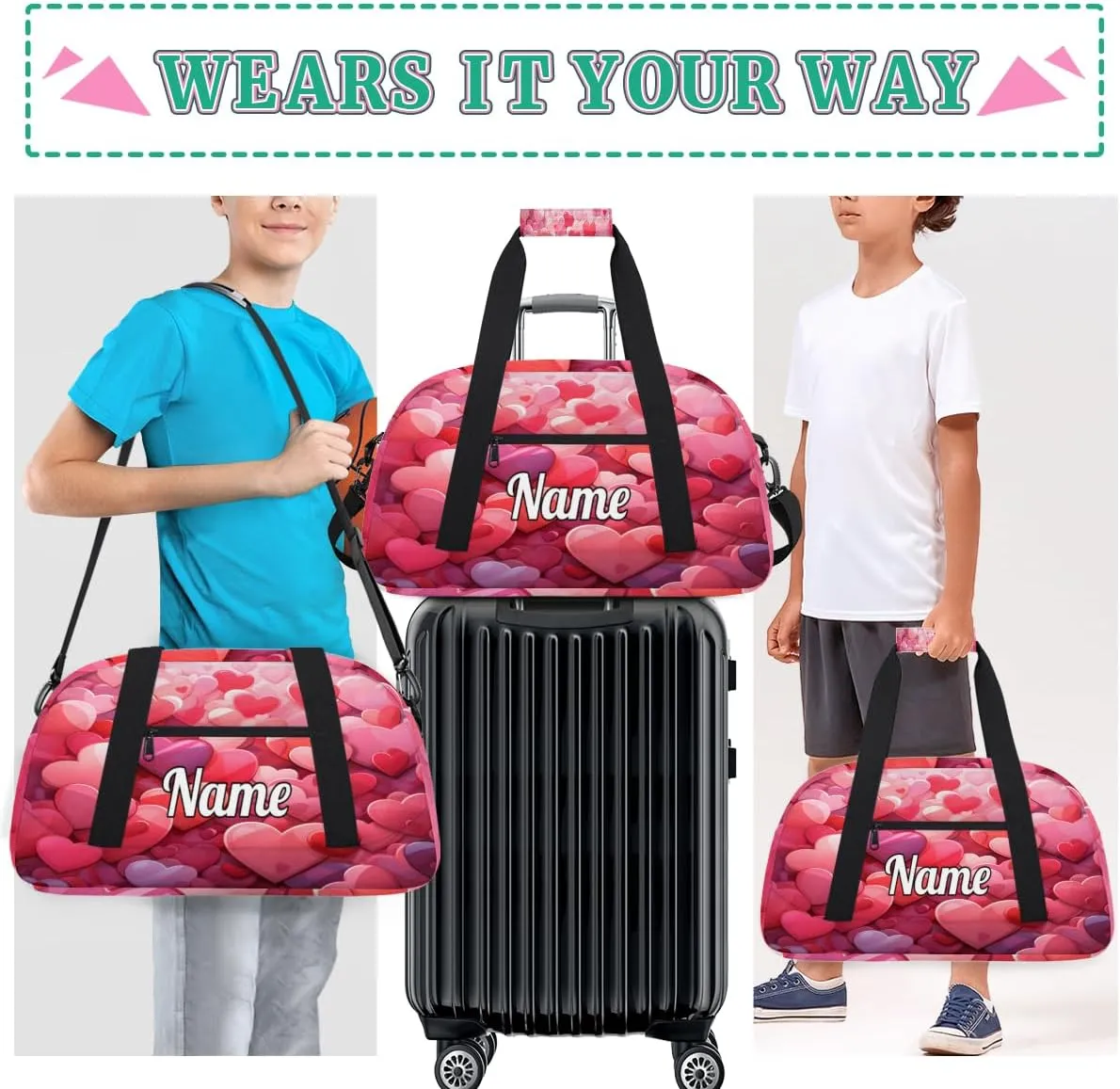 Heart Shape Valentine's Day Personalized Kids Gym Bag Custom Dance Bag with Name Sport Duffel Bag for Girls Boys Weekender Overnight Travel Bag