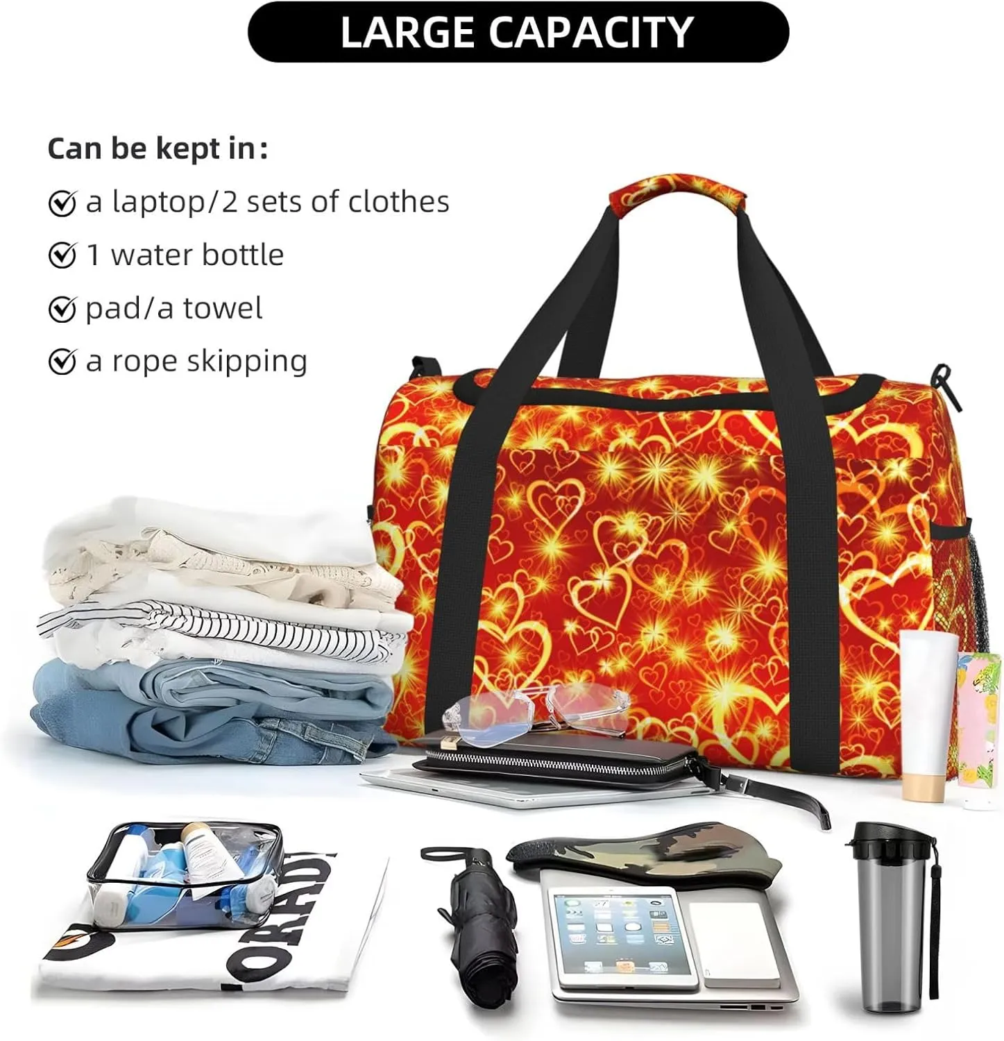 Heart Yellow Travel Duffel Bag Large Foldable Waterproof Overnight Bag For Beach Swim Bags Pool Sports Gym