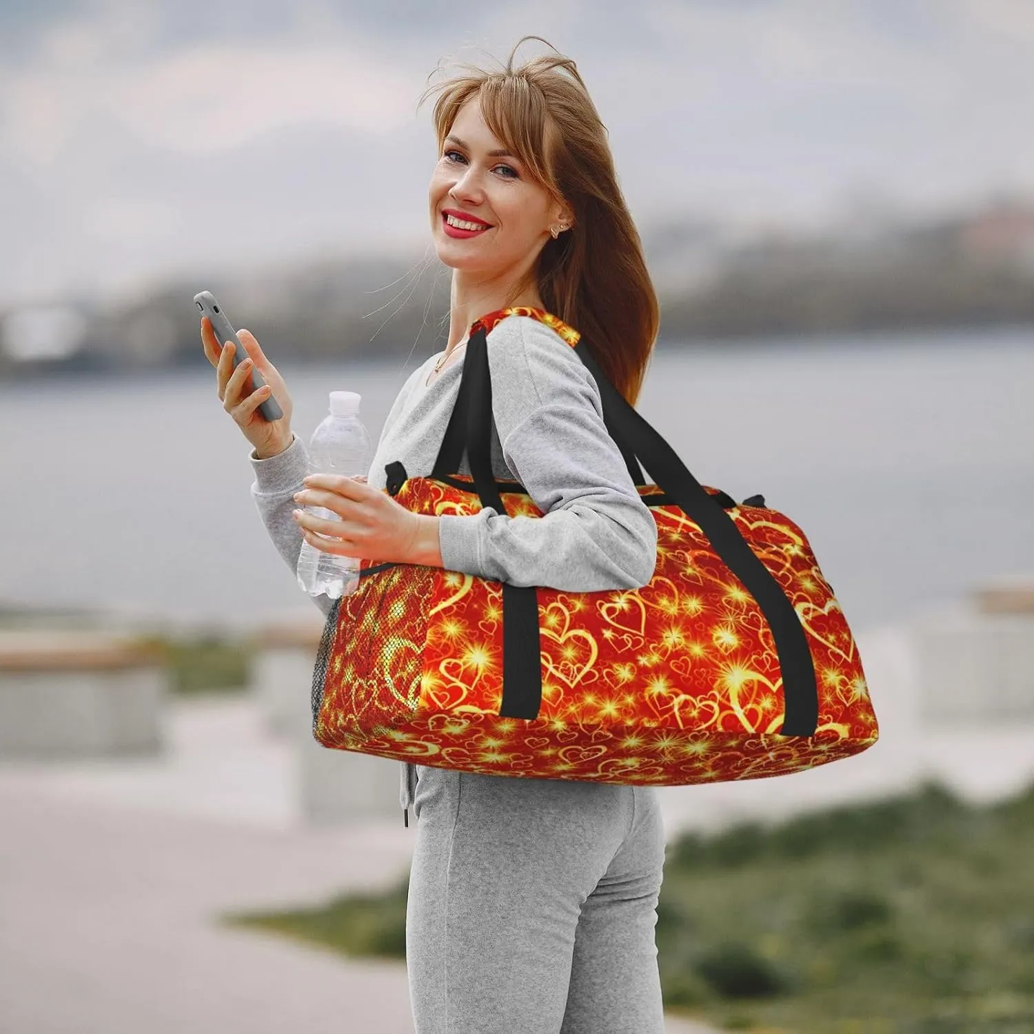 Heart Yellow Travel Duffel Bag Large Foldable Waterproof Overnight Bag For Beach Swim Bags Pool Sports Gym