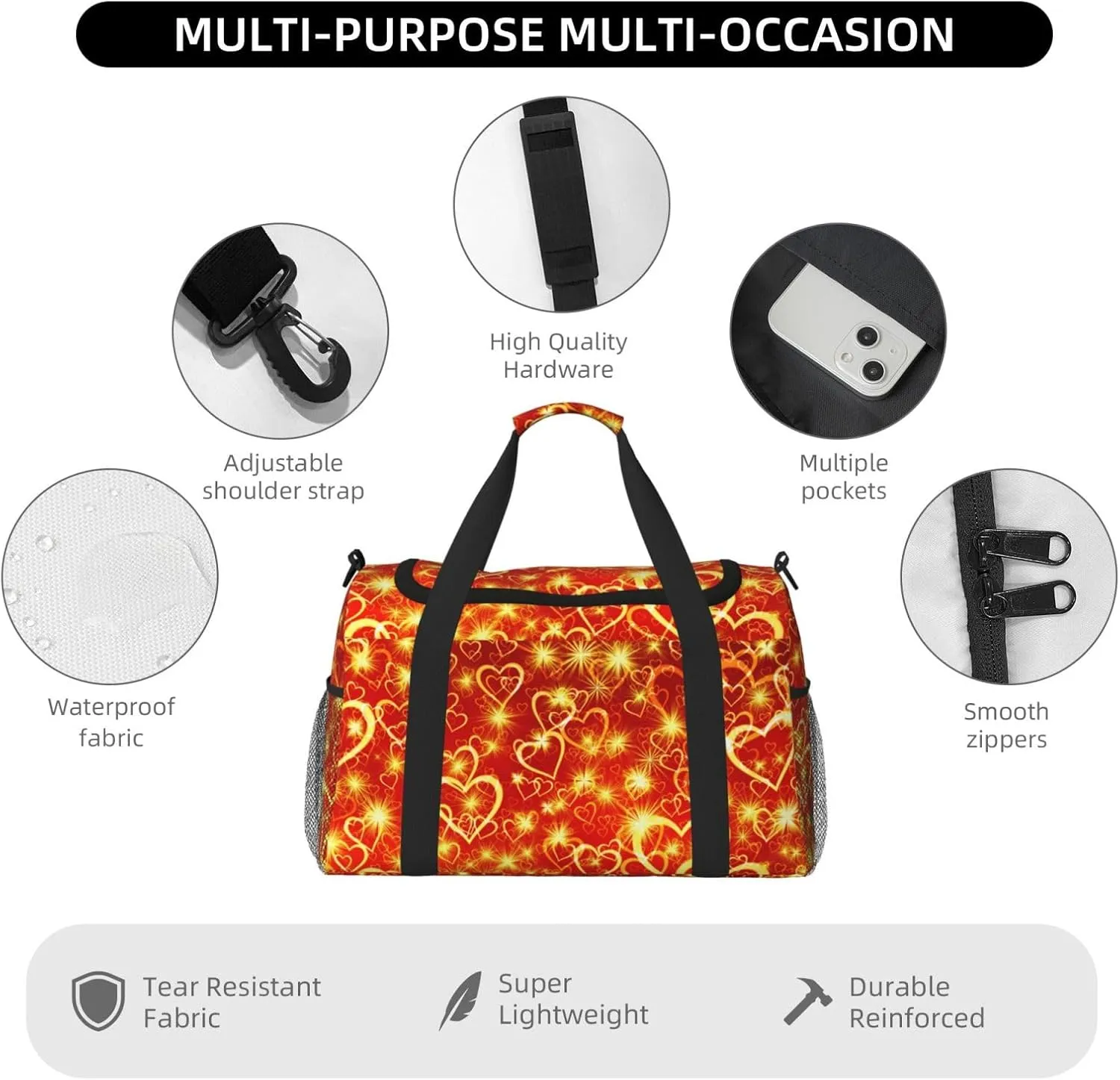 Heart Yellow Travel Duffel Bag Large Foldable Waterproof Overnight Bag For Beach Swim Bags Pool Sports Gym