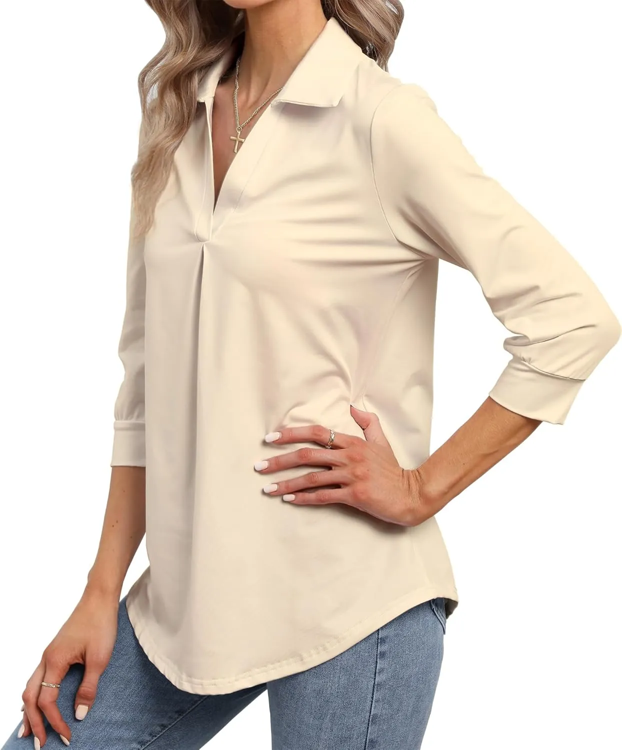 Heat Move Women's 3/4 Sleeve Length Tops Collared V Neck Shirt Dressy Casual Business Blouses for Work Professional