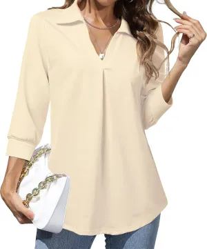 Heat Move Women's 3/4 Sleeve Length Tops Collared V Neck Shirt Dressy Casual Business Blouses for Work Professional