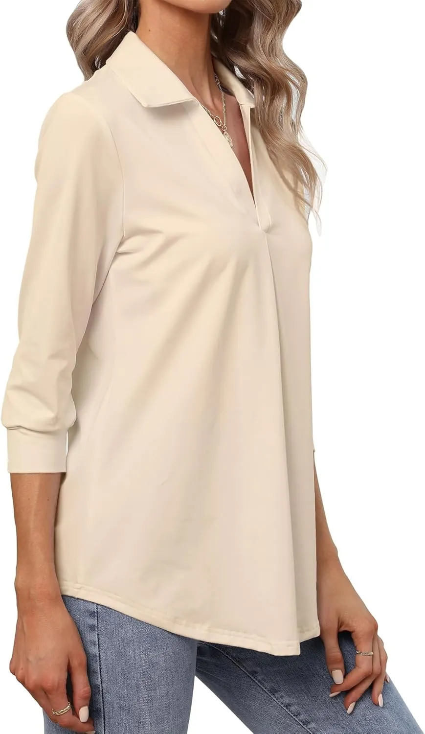 Heat Move Women's 3/4 Sleeve Length Tops Collared V Neck Shirt Dressy Casual Business Blouses for Work Professional