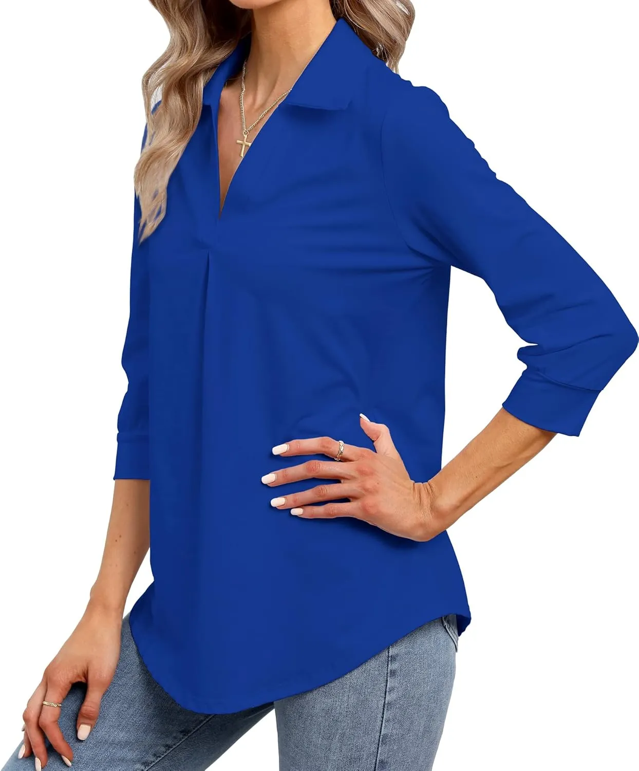 Heat Move Women's 3/4 Sleeve Length Tops Collared V Neck Shirt Dressy Casual Business Blouses for Work Professional
