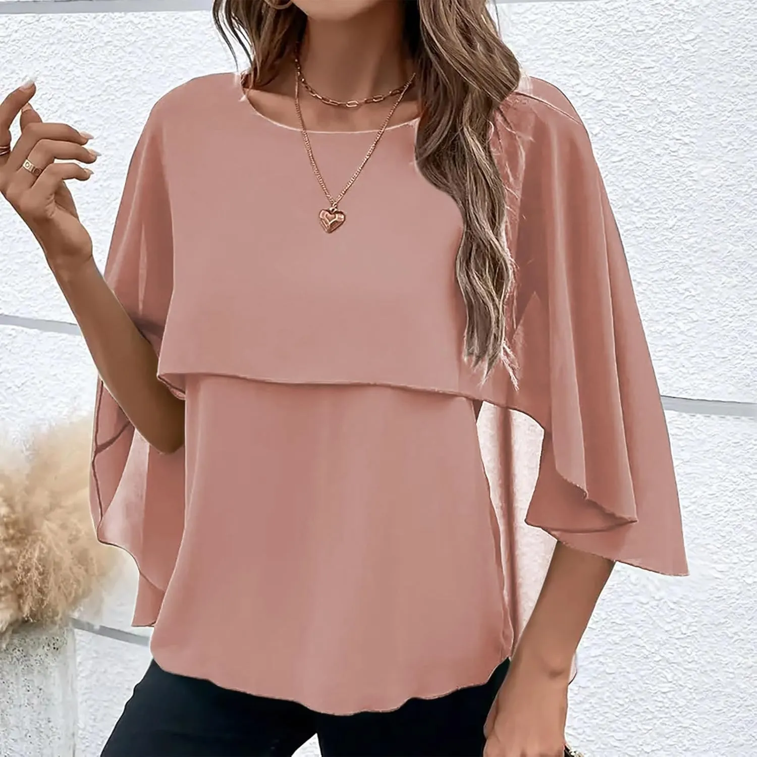 HGps8w Cape Shawls Top for Women Summer Lightweight Flowy Shirts Double-Layered Dressy Chiffon Poncho Blouse